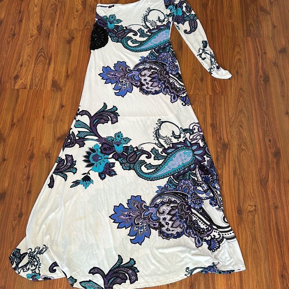 Va va voom one shoulder jeweled side cut out maxi dress Paisley white blue purpl